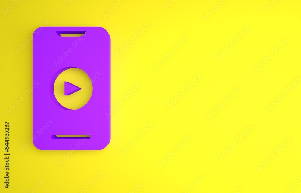 Purple Online play video icon isolated on yellow background. Smartphone and film strip with play sig