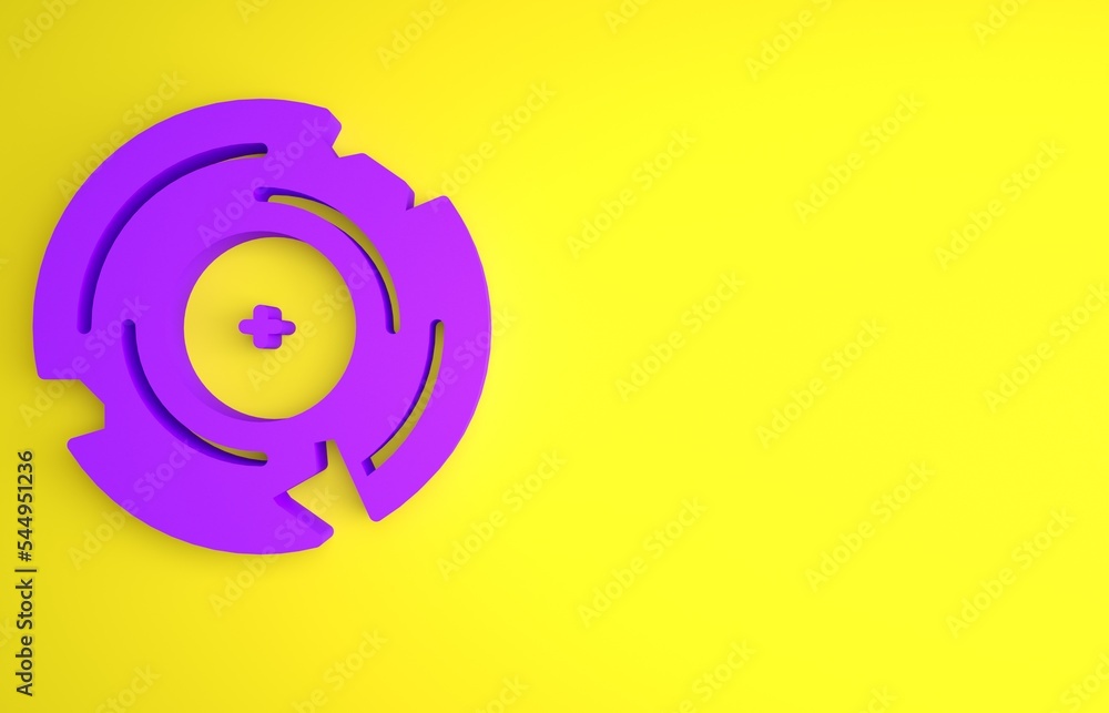 Purple Vinyl disk icon isolated on yellow background. Minimalism concept. 3D render illustration