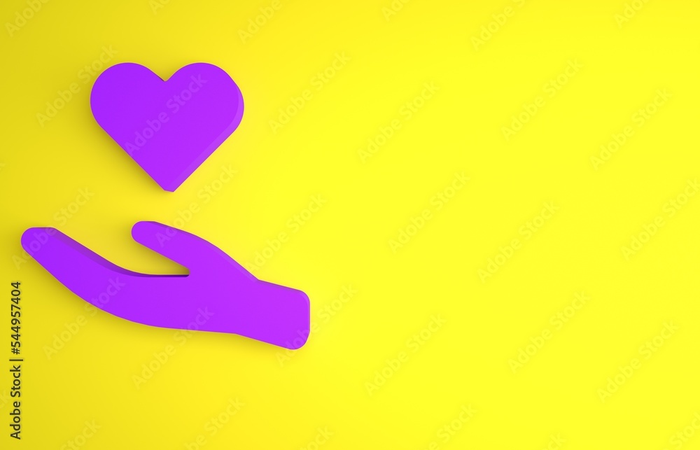 Purple Heart in hand icon isolated on yellow background. Hand giving love symbol. Valentines day sym