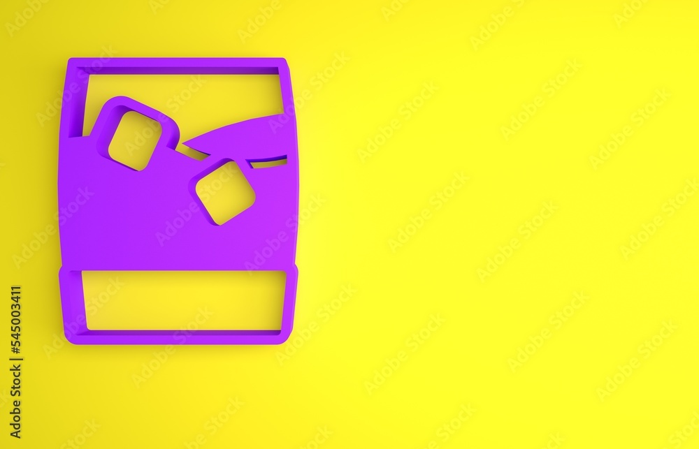 Purple Glass of whiskey with ice cubes icon isolated on yellow background. Minimalism concept. 3D re