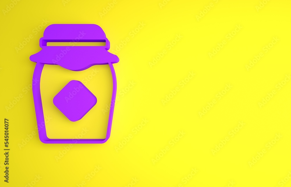 Purple Jar of honey icon isolated on yellow background. Food bank. Sweet natural food symbol. Minima