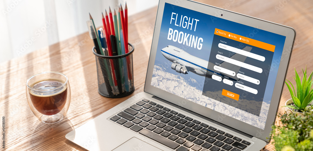 Online flight booking website provide modish reservation system . Travel technology concept .