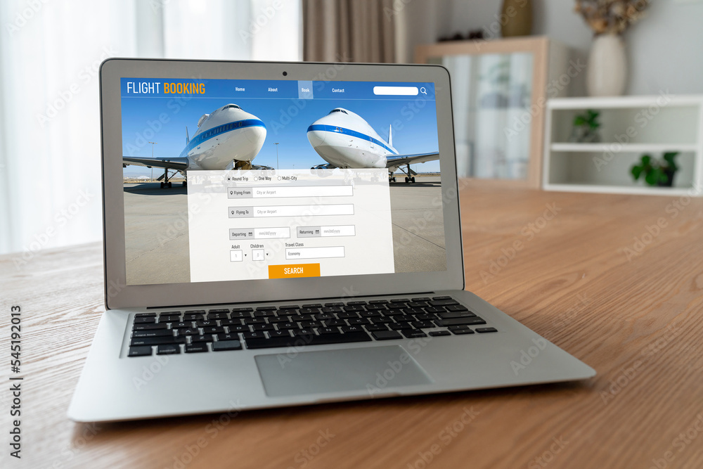 Online flight booking website provide modish reservation system . Travel technology concept .