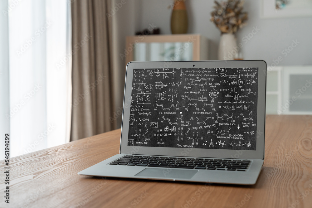 Mathematic equations and modish formula on computer screen showing concept of science and education