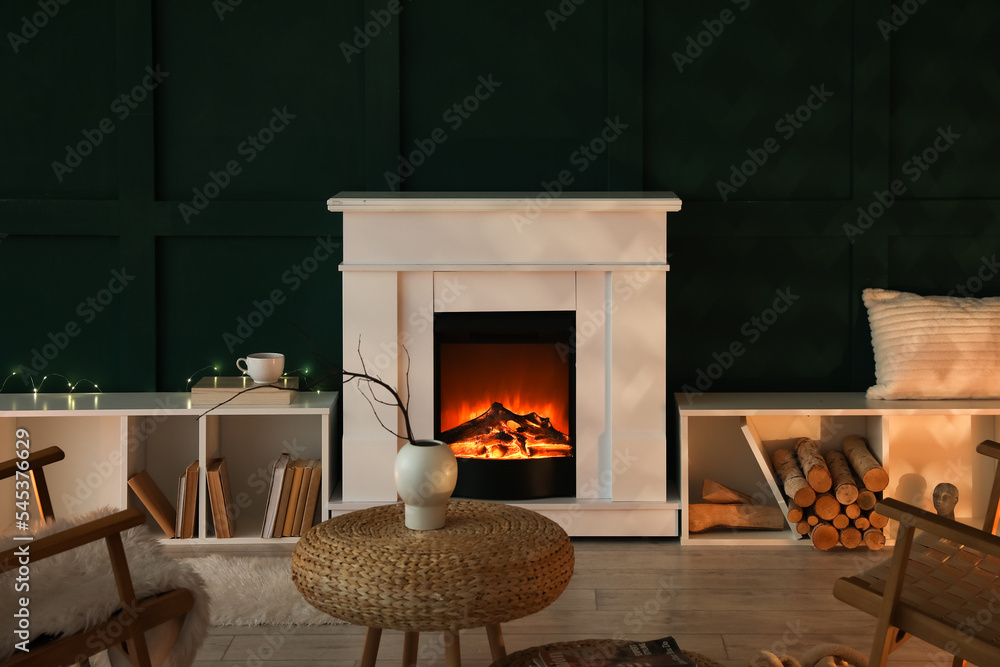 Interior of dark living room with fireplace and shelving units