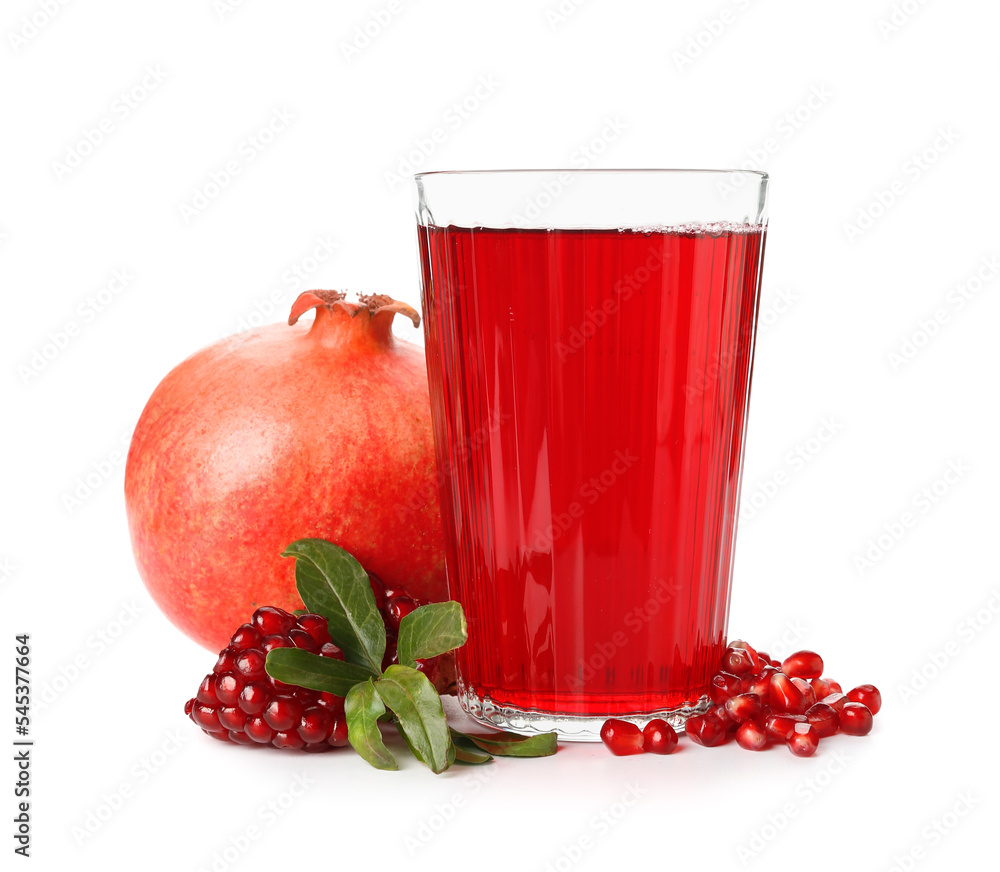 Glass of tasty pomegranate juice isolated on white background