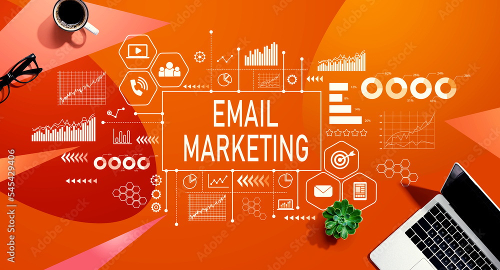 Email marketing with a laptop computer on a orange pattern background