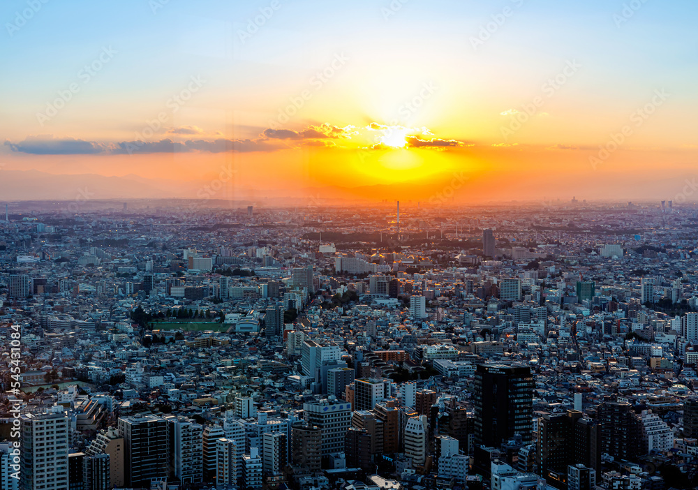 日落时分，摩天大楼耸立在日本东京西新宿的城市景观上