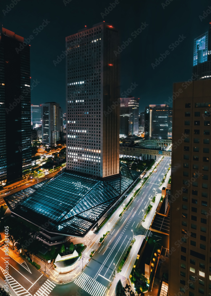 夜晚，摩天大楼高耸于日本东京西新宿的城市景观之上