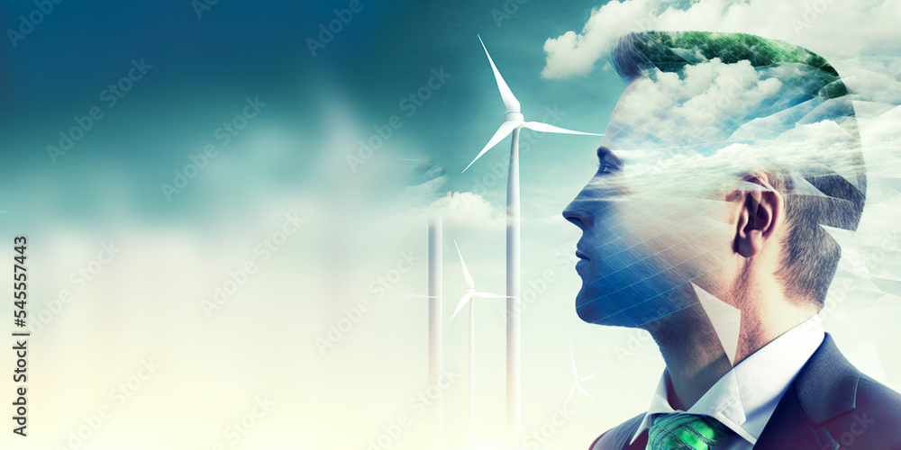 Double exposure graphic of business people working over wind turbine farm and green renewable energy