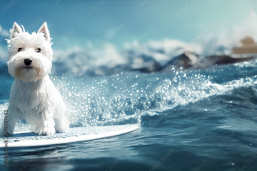 Spectacular west highland white terrie look at camera on surfboard, wave with sea water splashing du