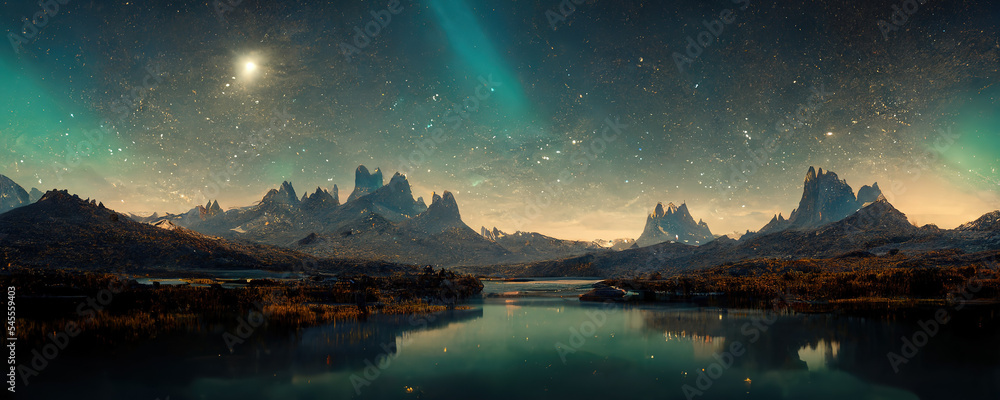 Spectacular nature background of beautiful mountain and lake in starry night with shimmering light, 