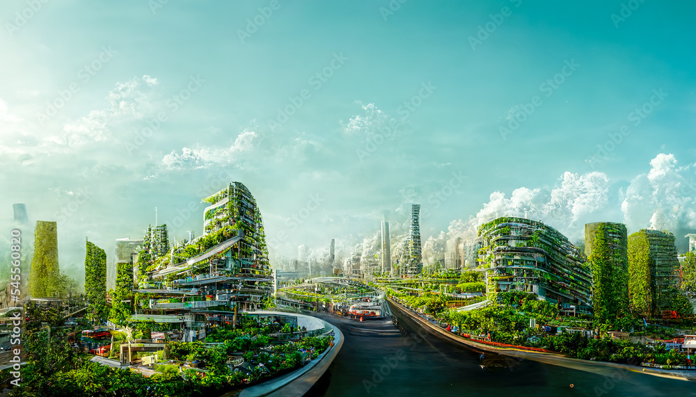 Spectacular eco-futuristic cityscape ESG concept full with greenery, skyscrapers, parks, and other m