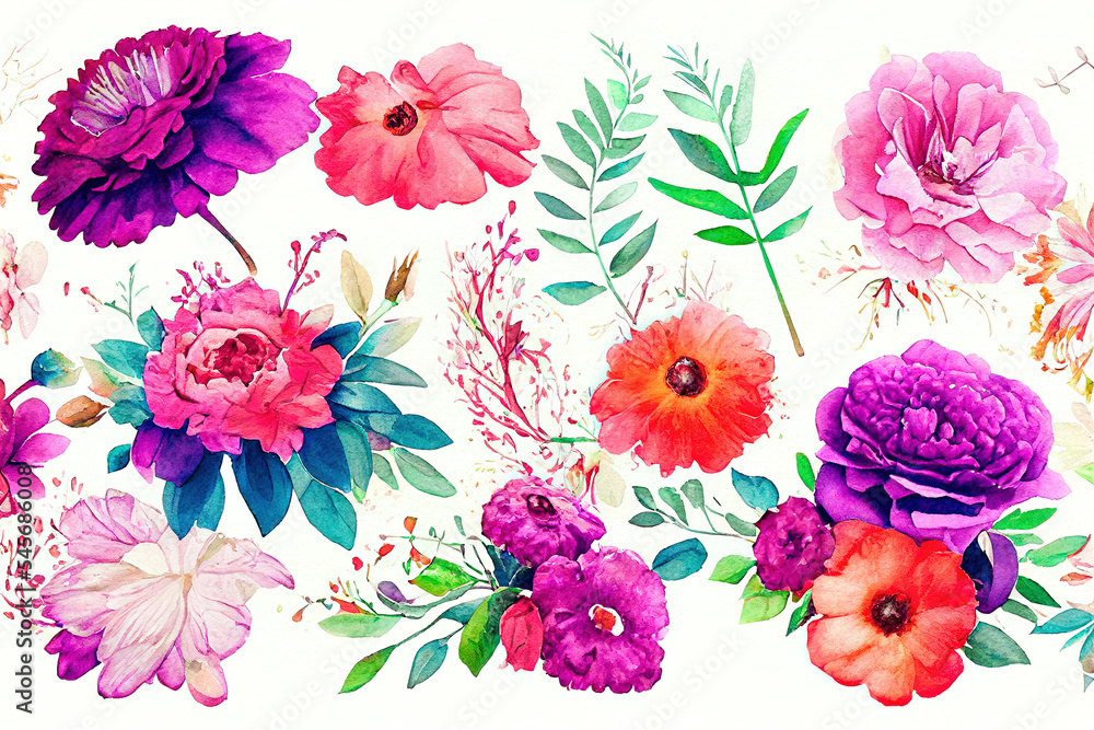 Flower bouquet set watercolor pieces of artwork design. Spring and summer flower nature in style of 