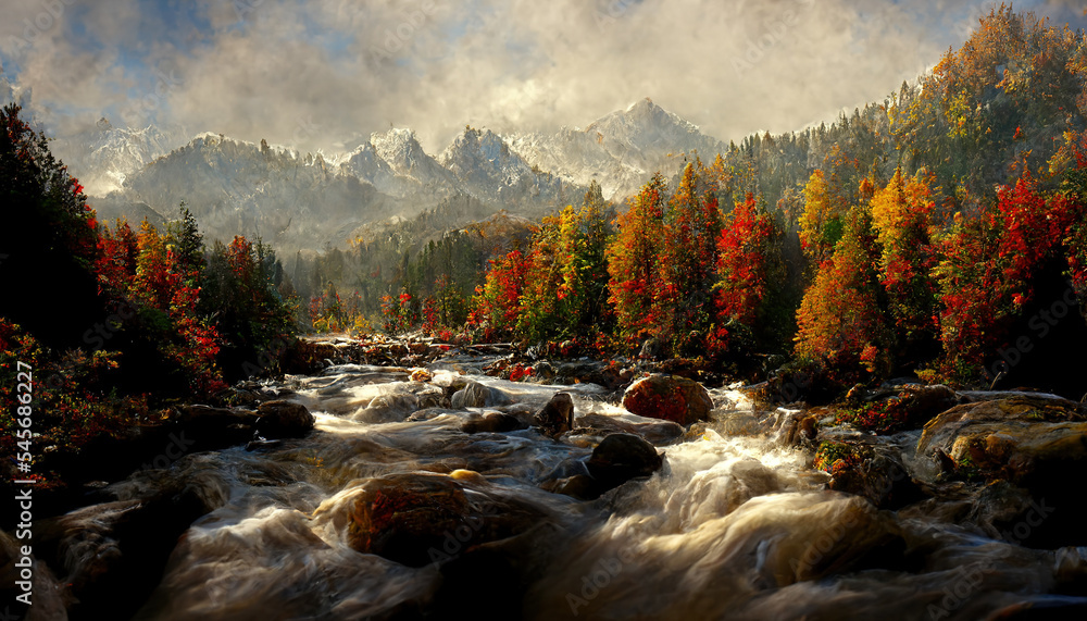 Spectacular autumnal forest panorama with a mountain range in the distance, bright orange leaves on 