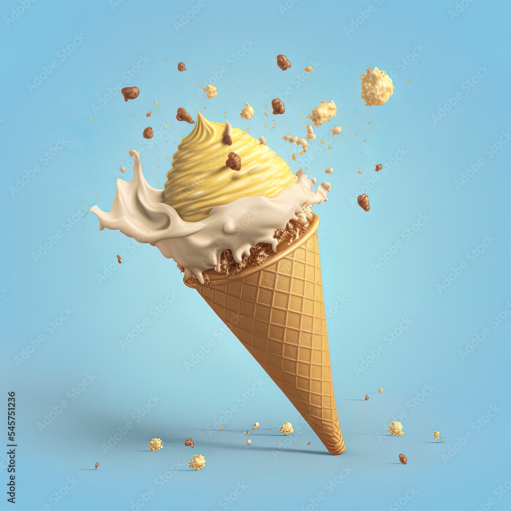 Vanilla ice cream cone falling to the ground with copy space. 3d illustration.