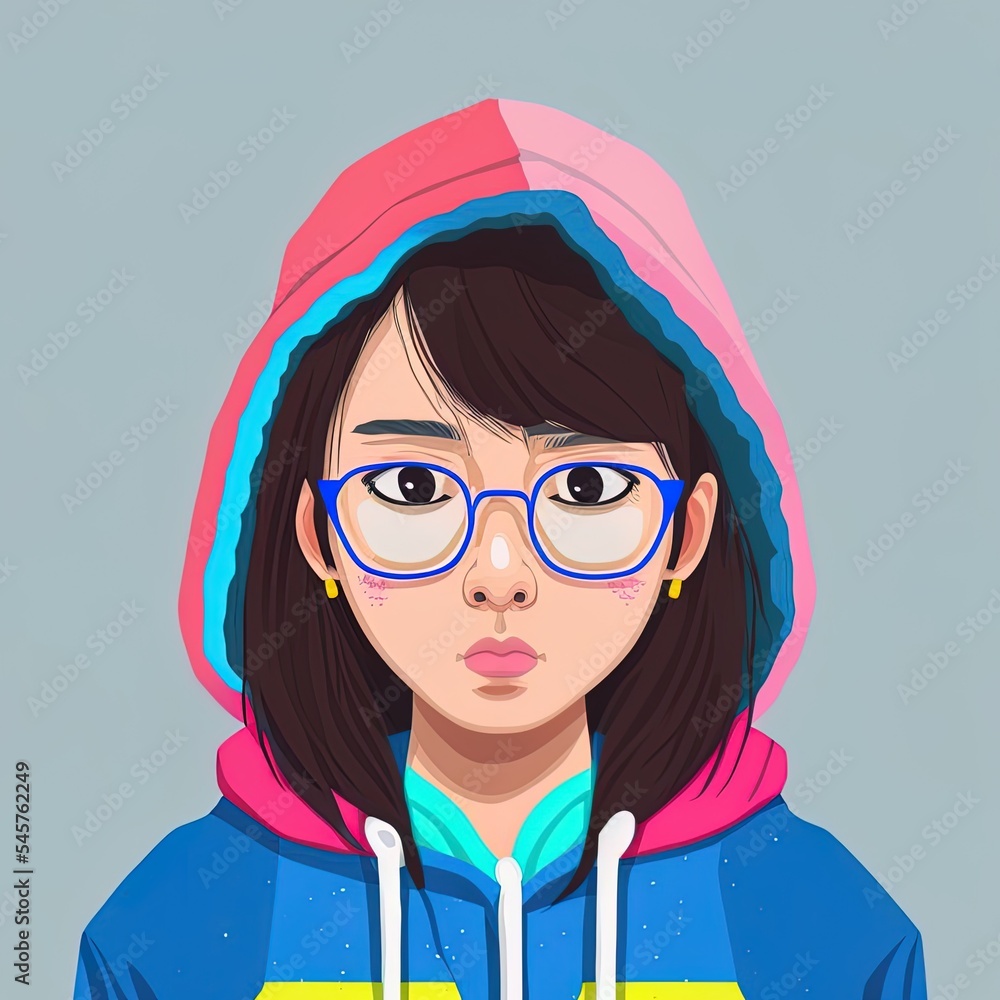 Portrait of a young asian woman in a colorful hoodie wearing glasses. Cartoon teenager avatar. Flat 