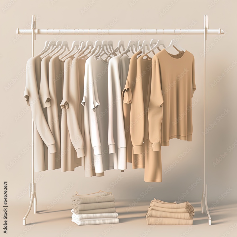 Clothes on a hanger, storage shelf in a cream background. Collection of clothes hanging on rack with