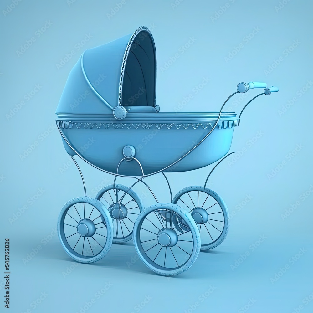 Raster version. Illustration of BLUE baby carriage for newborn boy