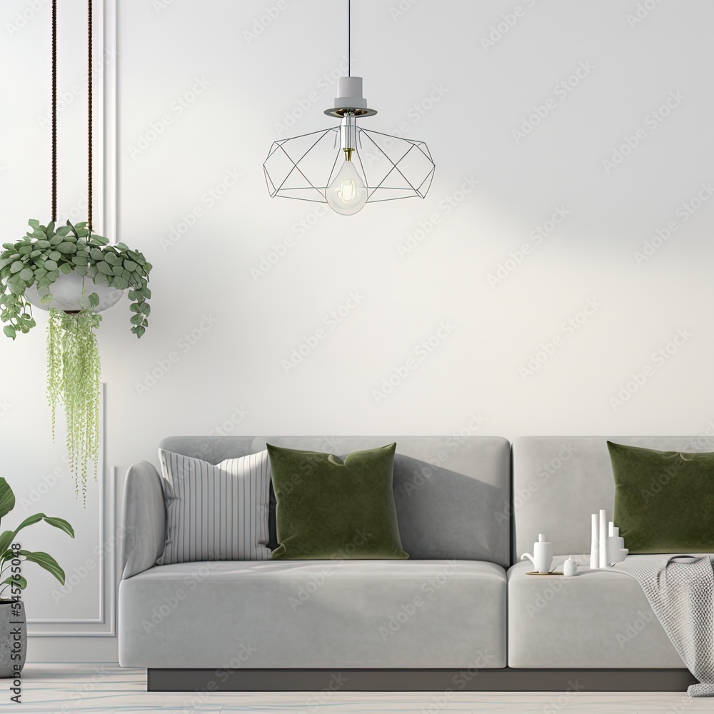 Interior mock up with gray velvet sofa, green pillows, coffee table, succulents and hanging lamp in 