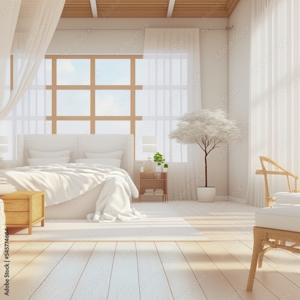 Home interior background, cozy white bedroom with bright furniture natural wooden tables, modern sty