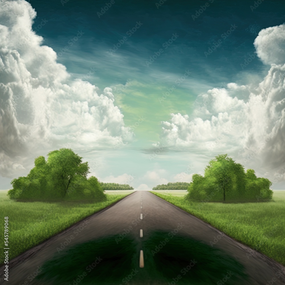 Road going straight high, greenery on both side and cloud