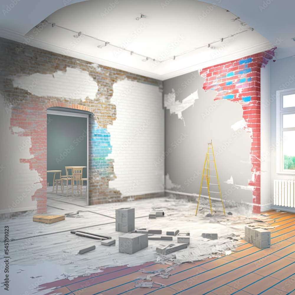 Home renovation, restructuring process, repair, wall painting, new house construction concept. Brick