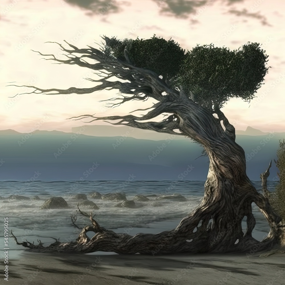 Old tree at a ocean beach digital artwork.