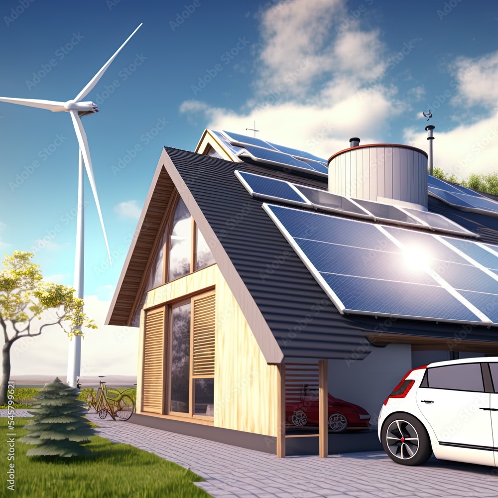 3d render of wind turbine and solar panels with house and eco car, ecological environment concept.