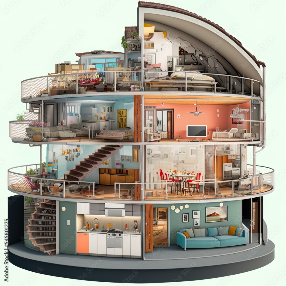 Cross section of residential house. 3D image.