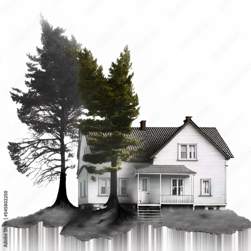 House and trees isolated on white, 3d illustration