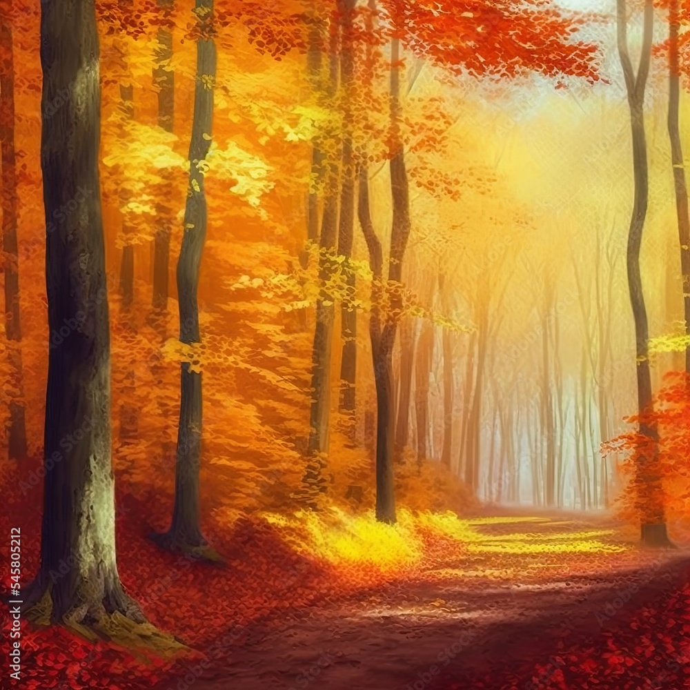 Autumn forest scenery. Orange leaves on the trees. Fall nature landscape.