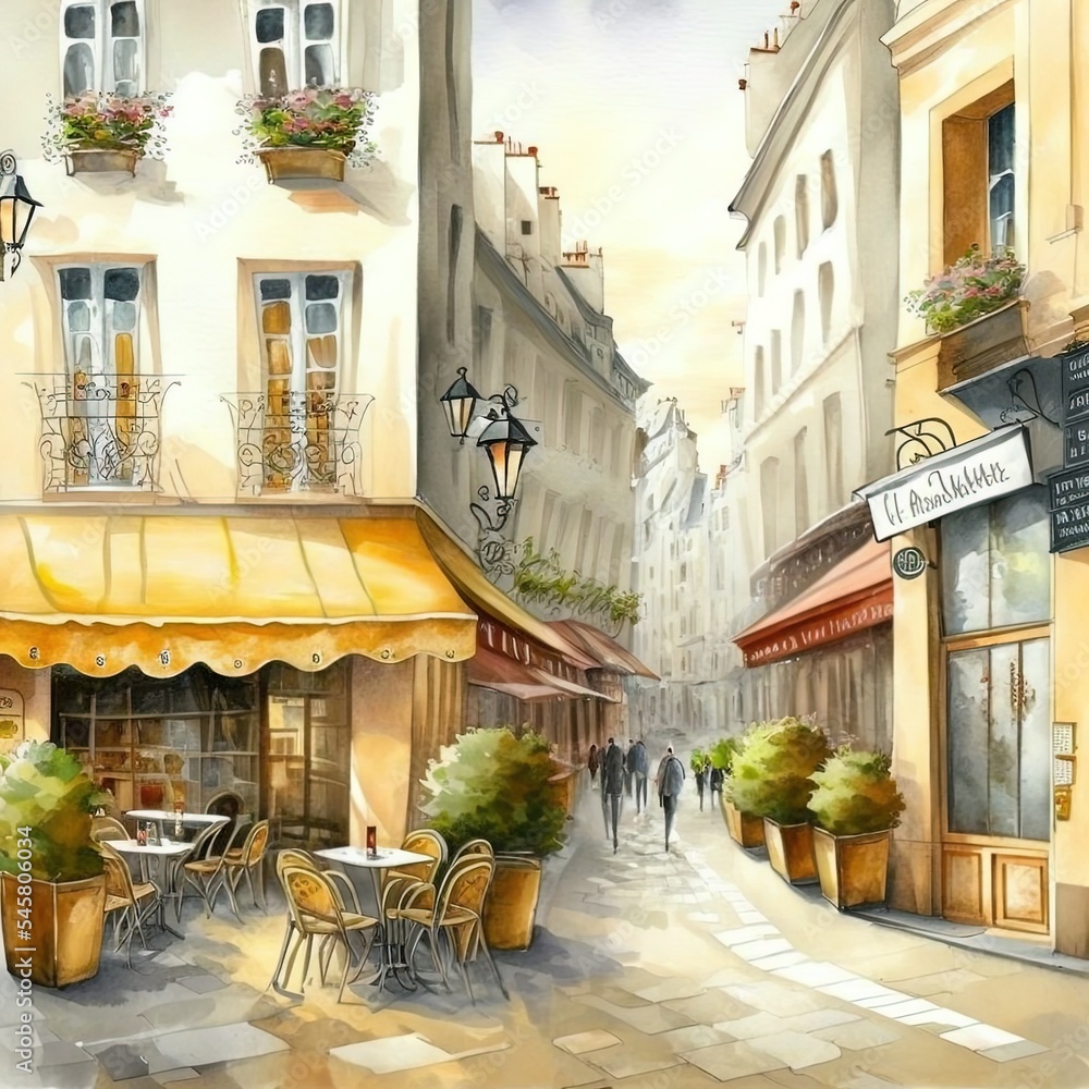 European street with cafe. Watercolor