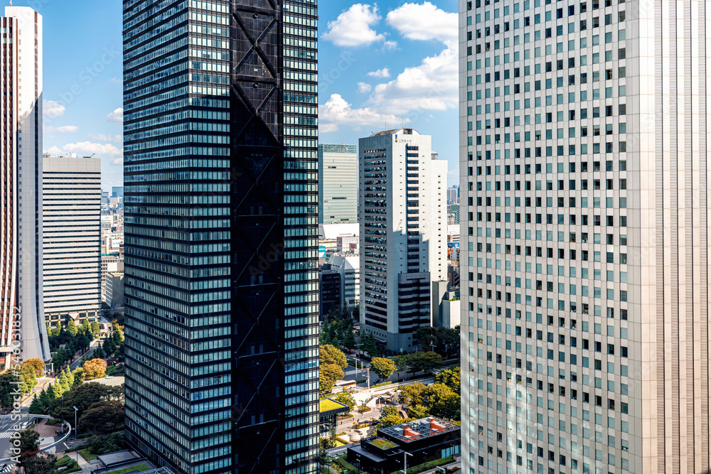 摩天大楼耸立在日本东京西新宿的城市景观之上