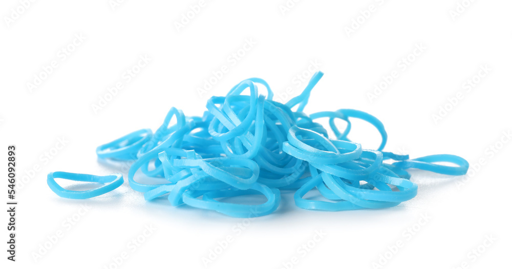 Heap of blue office rubber bands isolated on white background