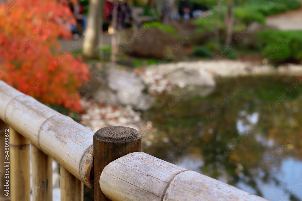 秋季公园木栏杆，特写