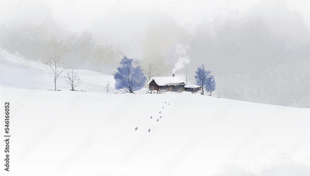 Winter artistic conception snowscape watercolor background illustration