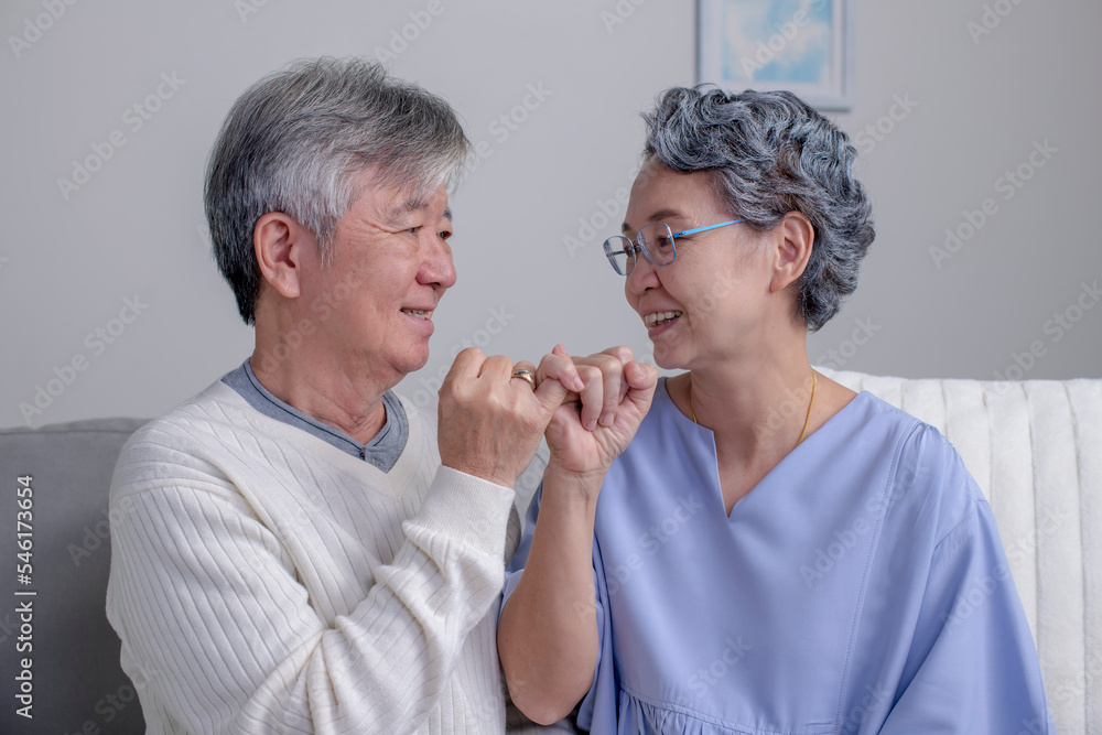 Asian senior couple hands show little finger on sofa in house. Romantic love concept. Hand to pinky 