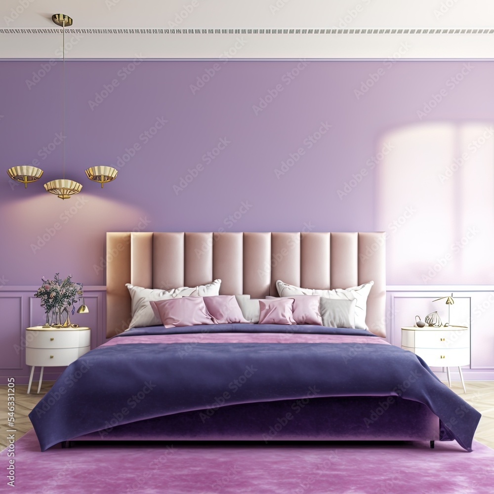 Bedroom in trend veri peri color. A bright empty lavender wall and a purple velor bed. Lilac, amethy