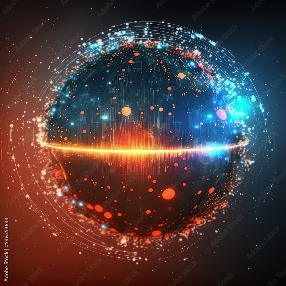 Abstract sphere shape of glowing circles and particles with lens flare effect . Global Network conne