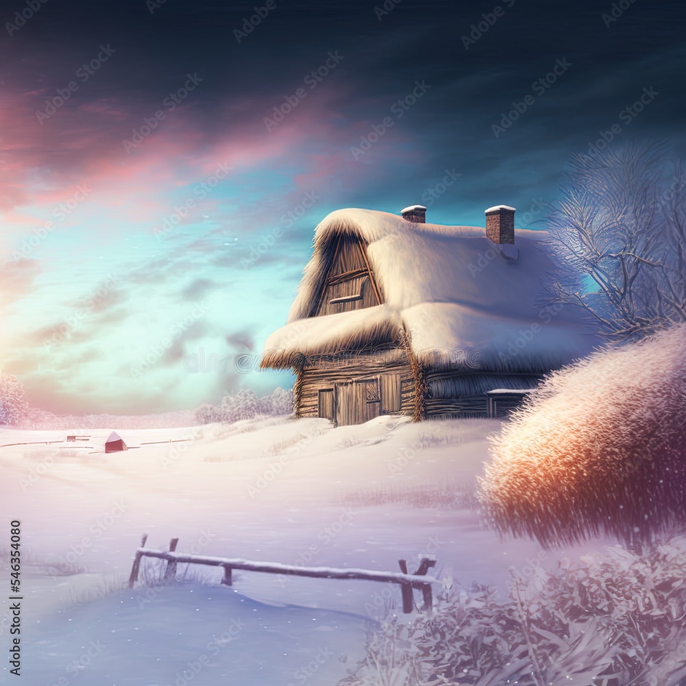 Beautiful winter nature background. Rural landscape with an old barn. Thatched roof barn covered in 