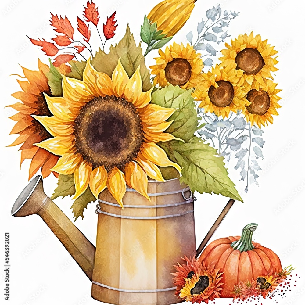 Watercolor autumn composition with sunflower bouquet in rustic watering can,Autumn arrangement,Farmh