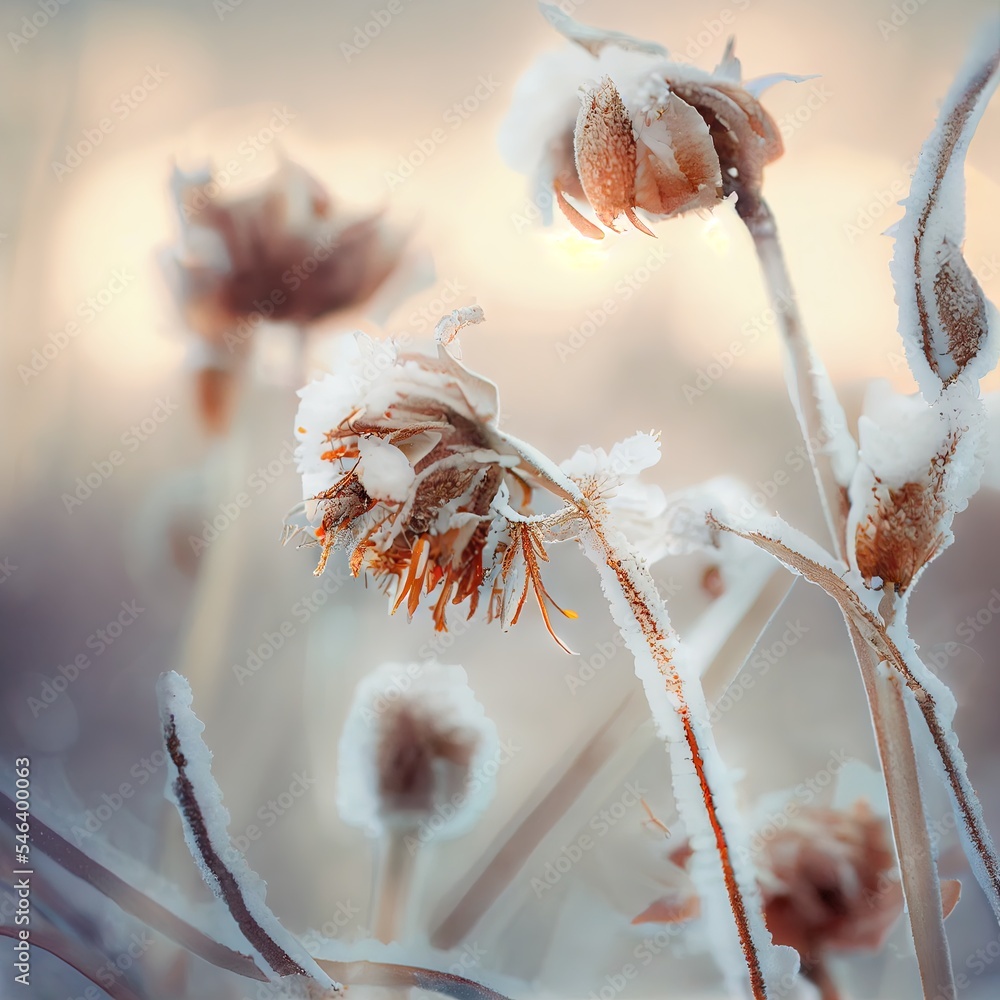 Dry frozen flowers grow in snow, close up photo with selective soft focus, winter natural background