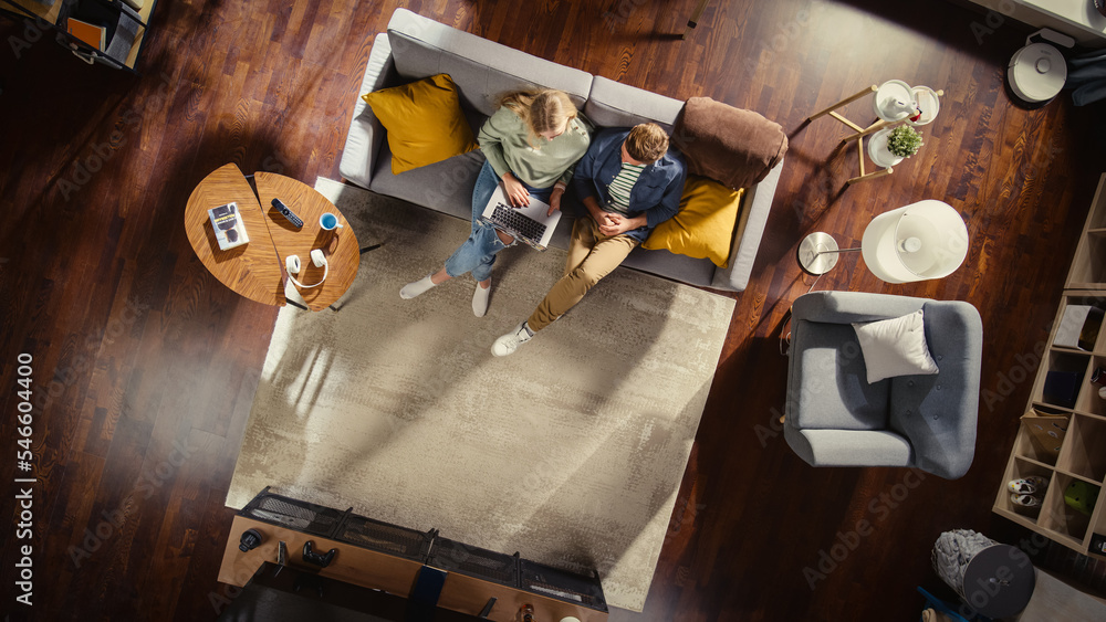 Top View of Loft Apartment: Happy Couple Using Laptop in the Stylish Living Room. Looking at Digital