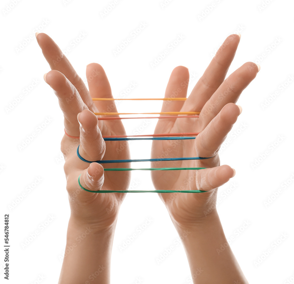 Woman with rubber bands on white background