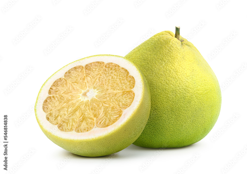 Pomelo fruit with cut in half isolated on white background.Clipping path.