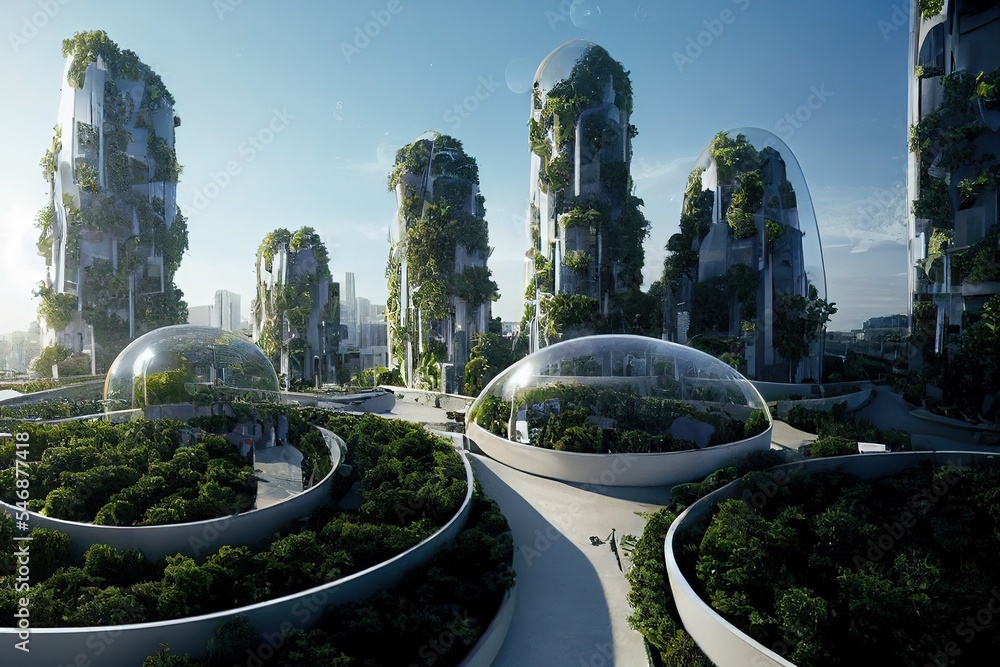 Spectacular environmental awareness city with vertical forest concept of metropolis covered with gre