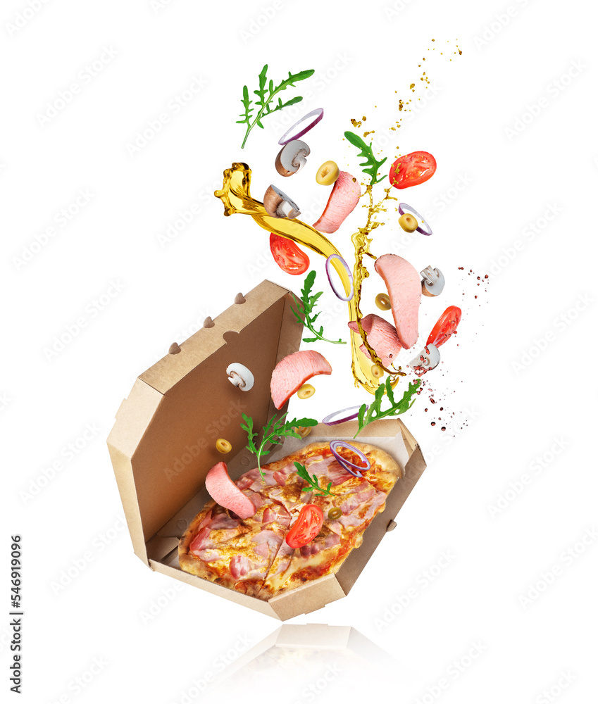 Freshly baked pizza with meat in a cardboard box with ingredients isolated on a white background