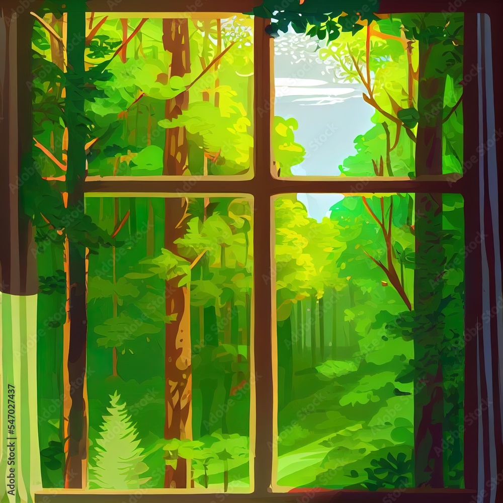 Peaceful forest view out of the window frame. Calm relaxing scenery. Digital artwork of soothing bea