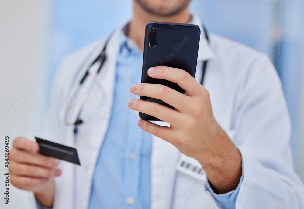 Phone, hands or doctor with credit card payment in hospital for online shopping, ecommerce or digita